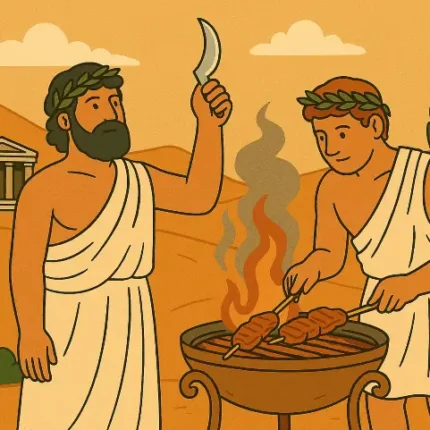 Illustration of two men in Ancient Greek attire (white togas and laurel wreaths) grilling outdoors