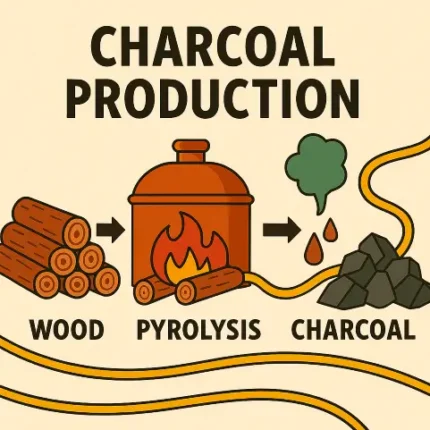 An educational infographic titled "Charcoal Production" illustrating the three-step process of making charcoal.