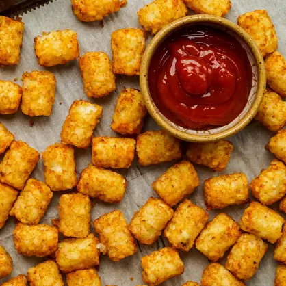 Golden, crispy tater tots scattered on a piece of parchment paper, with a small bowl of red ketchup sitting among them