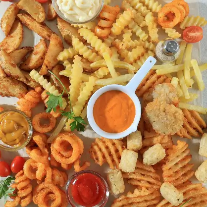 A top-down view of a large spread featuring various cooked potato shapes, including potato wedges, crinkle-cut fries, curly fries, waffle fries, and tater tots, served with several small bowls of dipping sauces