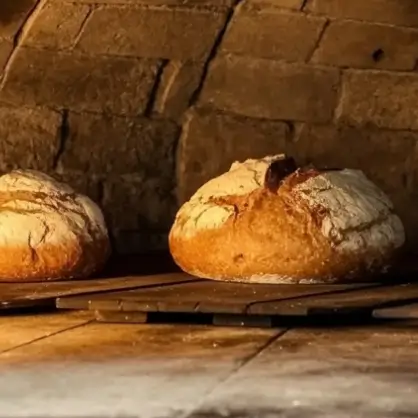 Two rustic, round loaves of crusty artisan bread baking on the stone floor of a traditional oven