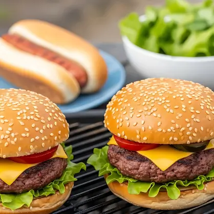 Two cooked hamburgers with cheese, lettuce, and tomato on sesame seed buns, along with a hot dog in a bun, sitting on a grill-like surface