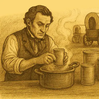 A vintage, sepia-toned illustration of a man filling a tin can over a steaming pot, with a covered wagon visible in the background