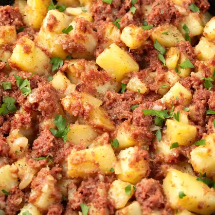 A close-up dish of corned beef hash featuring diced potatoes mixed with shredded meat and garnished with fresh parsley