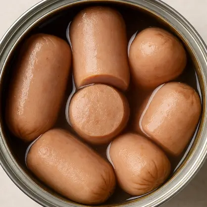 A top-down view of an open tin can filled with several small Vienna sausages submerged in broth