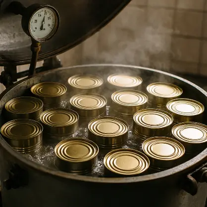 A large industrial pressure canner filled with hot water and multiple sealed tin cans, with steam rising and a pressure gauge visible on the lid