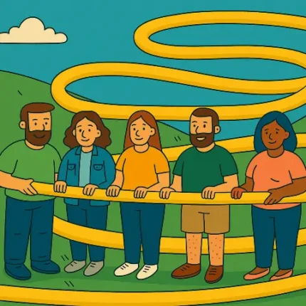 Illustration showing a group of five people holding a giant, continuous yellow noodle.