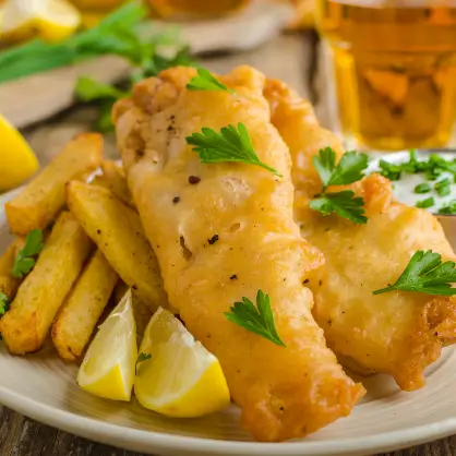 A white plate serving golden-battered fried fish and thick-cut French fries, garnished with fresh parsley and lemon wedges