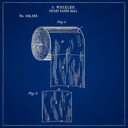 A blue blueprint-style patent drawing of a toilet paper roll, highlighting the perforated sheets