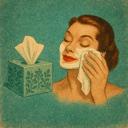 A retro illustration of a smiling woman using a white tissue from a green patterned box to wipe her face