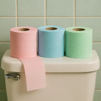 Three rolls of pastel-colored toilet paper in pink, blue, and green, resting on top of a white toilet tank