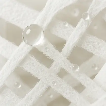 A close-up, macro shot of woven white paper fibers with clear water droplets resting on the surface