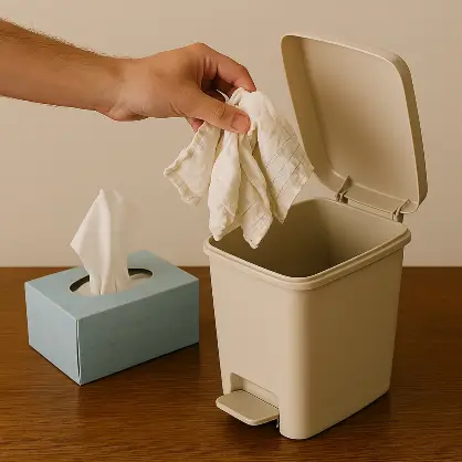 A hand tossing a crumpled tissue into a small, open beige trash can, with a blue rectangular tissue box sitting nearby