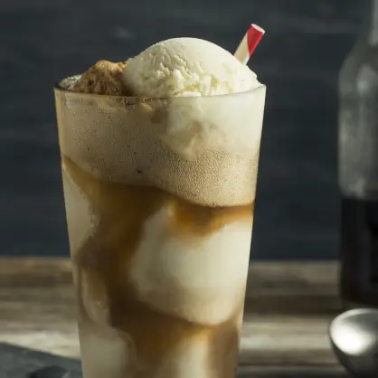 A tall, frosted glass mug filled with root beer and a large scoop of vanilla ice cream overflowing the top, with a red and white striped straw.