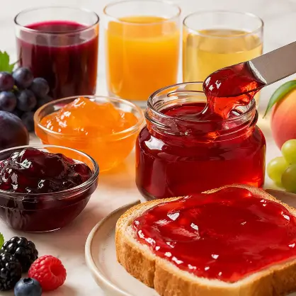 A piece of toast spread with red jelly next to several jars of colorful jellies, fresh berries, and glasses of juice