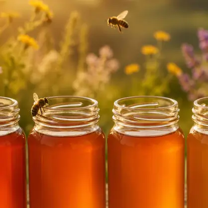 Three open glass jars filled with honey sitting in a field of wildflowers with bees hovering above them