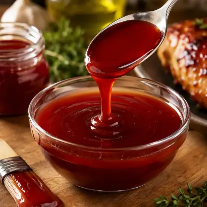 A spoon pouring a thick, dark red jelly or glaze into a glass bowl, with cooked chicken and herbs in the background