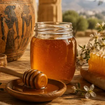 A jar of honey, a honeycomb, and a wooden honey dipper resting on a wooden table, with an ancient vase and landscape in the background
