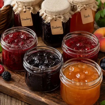 A wooden board displaying an assortment of small-batch fruit jams and jellies in glass jars, some with cloth covers and handwritten flavor tags