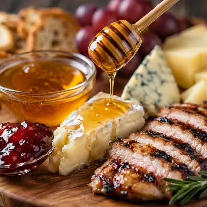 Honey being drizzled from a wooden dipper onto a wedge of cheese, served on a wooden board alongside grilled meat, blue cheese, grapes, and small bowls of jelly and honey