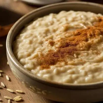 A close-up of a rustic bowl filled with creamy oatmeal porridge, garnished with a sprinkle of cinnamon