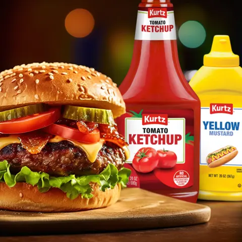 Kurtz Brand condiments, featuring a hamburger, ketchup, and mustard