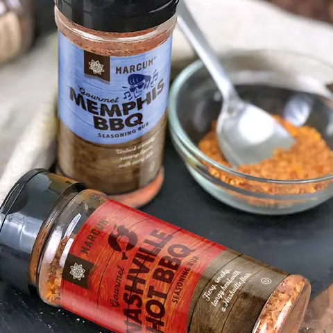 Marcum brand seasoning, featuring Memphis BBQ and Nashville Hot BBQ