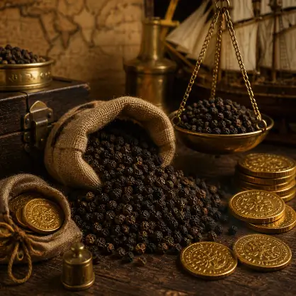 A burlap sack tipped over, spilling black peppercorns onto a rustic wooden table next to a brass balance scale and several gold coins