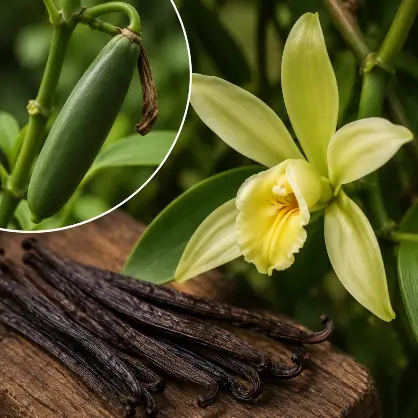 A delicate, pale yellow vanilla orchid flower and a green vanilla pod displayed above a bundle of long, dark dried vanilla beans resting on wood