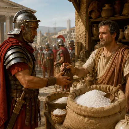 A Roman soldier in armor handing a small pouch to a merchant in an ancient, bustling marketplace, standing beside large woven sacks overflowing with white salt