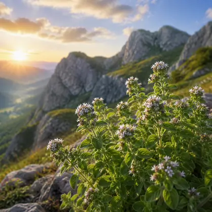 Lush green oregano plants with small flowers growing wild on a rocky mountain hillside bathed in the golden light of sunrise or sunset