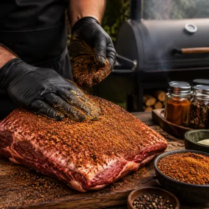 A person wearing black barbecue gloves actively rubbing a thick layer of red and brown dry spice mix onto a large slab of raw meat, with a smoker visible in the background