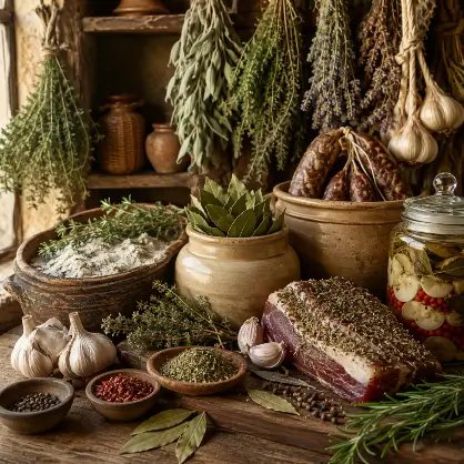 A rustic pantry setting featuring bunches of dried herbs hanging from above, alongside bowls of various spices, garlic cloves, a piece of cured meat, and jars of preserved foods on a wooden surface