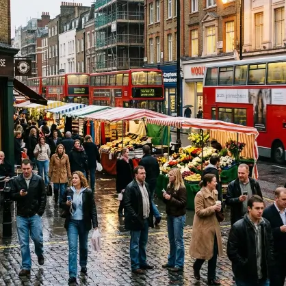 A bustling outdoor street market with people walking among vendor stalls and red double-decker buses in the background