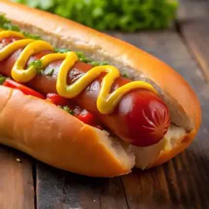 Hotdog with mustard and relish closeup