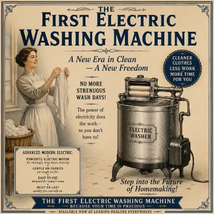 A vintage advertisement poster titled "The First Electric Washing Machine," featuring an illustration of a woman standing next to an early cylindrical washing machine