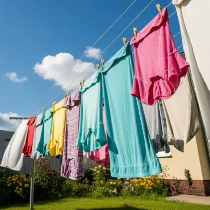 A row of colorful clothing, including shirts and pants, hanging on an outdoor clothesline to dry on a sunny day