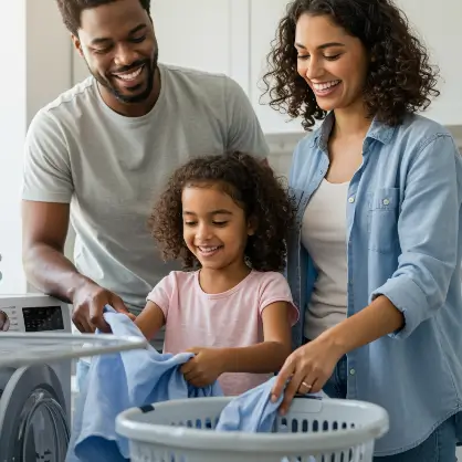 A smiling family consisting of a mother, father, and young daughter cheerfully folding laundry together from a basket in their home