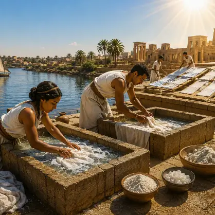 People in an ancient setting washing large pieces of white cloth in stone pools or vats beneath a bright, sunny sky