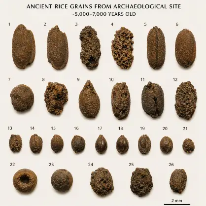 A chart displaying 26 numbered, dark, fossilized ancient rice grains from an archaeological site dating back 5,000 to 7,000 years