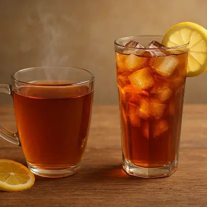 A clear mug of hot tea sitting next to a tall glass of iced tea with ice cubes and a lemon slice