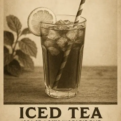 A vintage, sepia-toned poster displaying a tall glass of iced tea with a straw, lemon, and the words "ICED TEA"