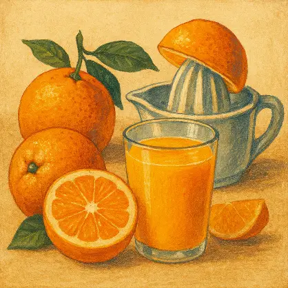 An illustration of fresh oranges, a manual glass citrus juicer, and a tall glass of orange juice