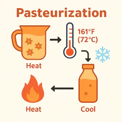 An infographic titled "Pasteurization" showing the process of heating and cooling liquid from a pitcher into a bottle