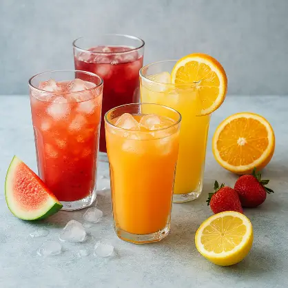 A photograph of four tall glasses filled with iced red and orange fruit juices, surrounded by slices of orange, lemon, watermelon, and strawberries