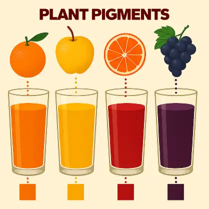 An infographic titled "PLANT PIGMENTS" showing an orange, apple, sliced red citrus, and grapes above corresponding glasses of orange, yellow, red, and purple juice