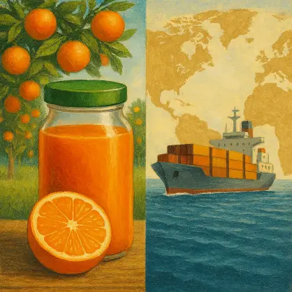 A split illustration showing a jar of orange juice concentrate next to an orange half on the left, and a large cargo ship sailing on the ocean on the right