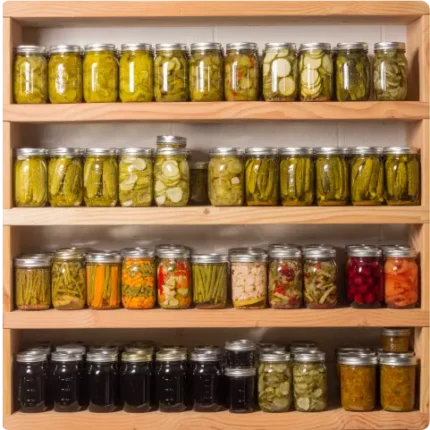Assorted jars of canned vegetables on a shelf, including pickles, asparagus, and beets.