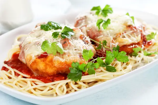 Easy Chicken Parmesan recipe using Mantia's Pasta Sauce and Spaghetti