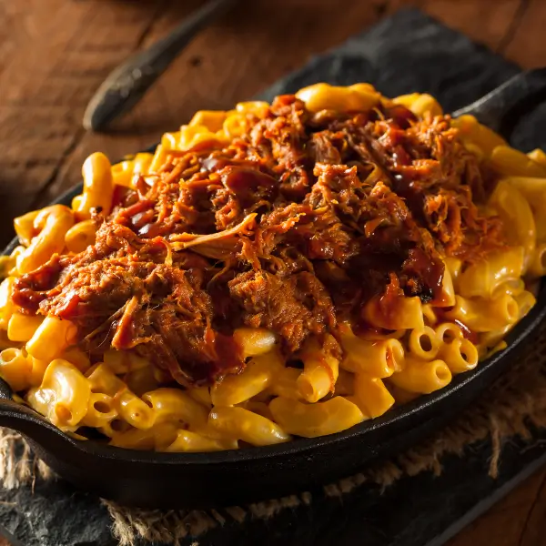 BBQ Pulled Pork Mac & Cheese made with So-Cheezy Deluxe Shells & Cheese